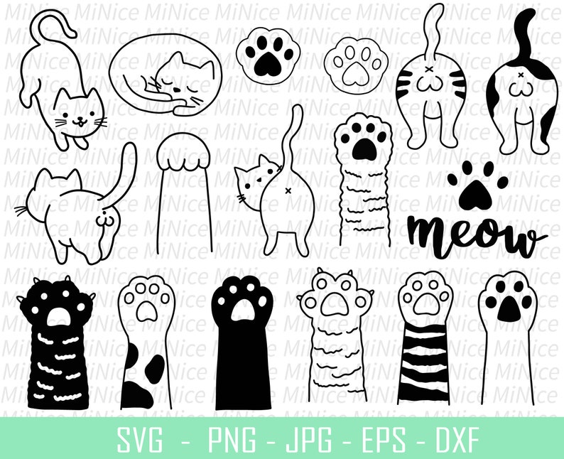 May include: A black and white digital design featuring a variety of cat-themed illustrations. The illustrations include cats in different poses, paw prints, and the word "meow".