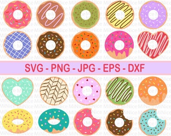 May include: A set of 18 donut SVG cut files. The donuts are in various colors and designs, including sprinkles, hearts, stripes, and polka dots. The text "SVG - PNG - JPG - EPS - DXF" is at the top of the image.