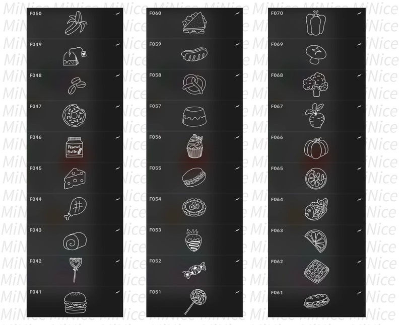 Puede incluir: Una ilustraci&oacute;n en blanco y negro de varios alimentos, incluyendo un pl&aacute;tano, una bolsita de t&eacute;, granos de caf&eacute;, una dona, un tarro de mantequilla de cacahuete, una rebanada de queso, una pierna de pollo, un rollo, una piruleta, una hamburguesa, un s&aacute;ndwich, un perrito caliente, un pretzel, un pud&iacute;n, un cupcake, un macarr&oacute;n, un pastel, una fresa, caramelos, un pimiento, un hongo, br&oacute;coli, un nabo, una calabaza, una rodaja de naranja, un pez, una rodaja de lim&oacute;n, un waffle y una baguette.