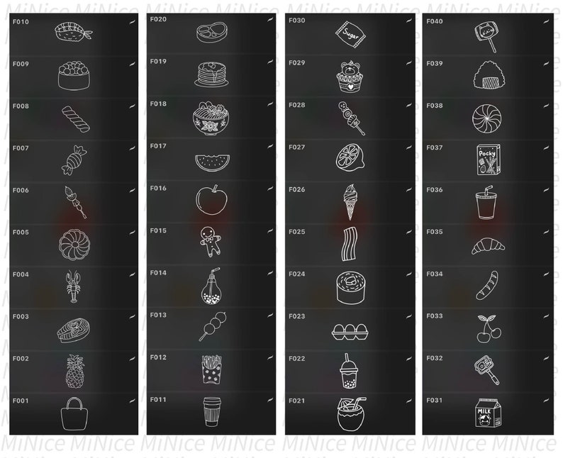 Puede incluir: Un conjunto de 40 iconos de comida y bebida en blanco y negro. Los iconos est&aacute;n dispuestos en filas de 10, con cada icono etiquetado con un n&uacute;mero y una letra. Los iconos incluyen una variedad de alimentos, como sushi, panqueques, sand&iacute;a, helado y una variedad de bebidas, como caf&eacute;, t&eacute; y jugo.