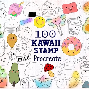 Carimbo Kawaii Procreate - Pacote de Carimbos Procreate - Carimbo com Pincéis para Rabiscos - Carimbos Fofos com Pincéis para Procreate - Carimbos com Alimentos para Procreate