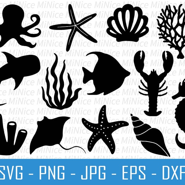 Ocean Life SVG Bundle, Ocean Animal SVG , Under the Sea SVG , Fish Silhouette, Sea Shell Png Dxf Eps Jpg