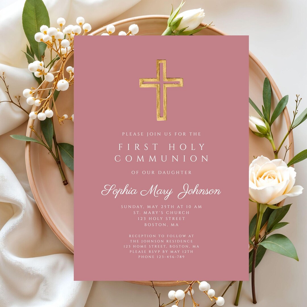 Printable Pink Girl First Communion Invitation Template - Etsy