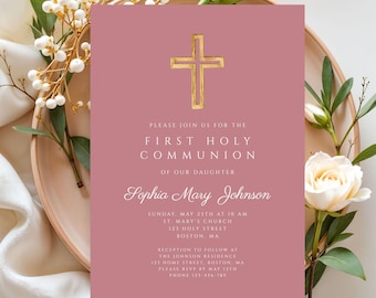 Modèle imprimable d'invitation de première communion pour fille rose