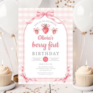 Berry First Birthday Invitation Template, Editable Berry 1st Birthday Invitation, Gingham, Pink Bows, Digital Download, Corjl