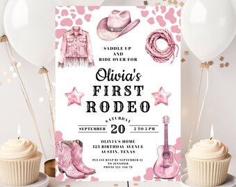 Plantilla imprimible de invitación para el primer cumpleaños con temática de rodeo: Fiesta vaquera rosa del oeste