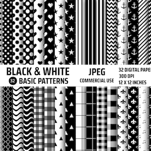 Digital Paper Pattern Pack Black And White, Scrapbook Paper, Clipart Patterns, Polka Dots, Stripes, Gingham, Plaid Pattern, Commercial Use