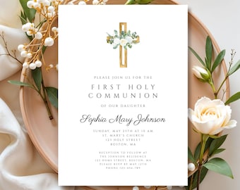 May include: A First Holy Communion invitation featuring a gold cross adorned with white flowers and greenery. The invitation includes the text "First Holy Communion of our Daughter" and details for the event, including the date, time, location, and RSVP information.