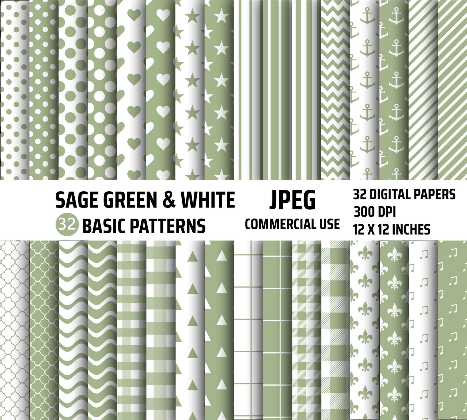 Digital Paper Pattern Pack, Sage Green, Scrapbook Papers Clipart, Polka