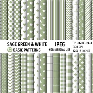 Digitales Papier Muster Pack, Sage Green, Scrapbook Papers Clipart, Polka Dots, Streifen, Kariertes Muster, kommerzielle Nutzung