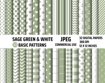 May include: A set of 32 digital paper patterns in sage green and white. The patterns include polka dots, hearts, stars, stripes, chevron, anchors,  geometric shapes, plaid, and more. The papers are 12 inches by 12 inches and 300 DPI.  Commercial use is allowed.