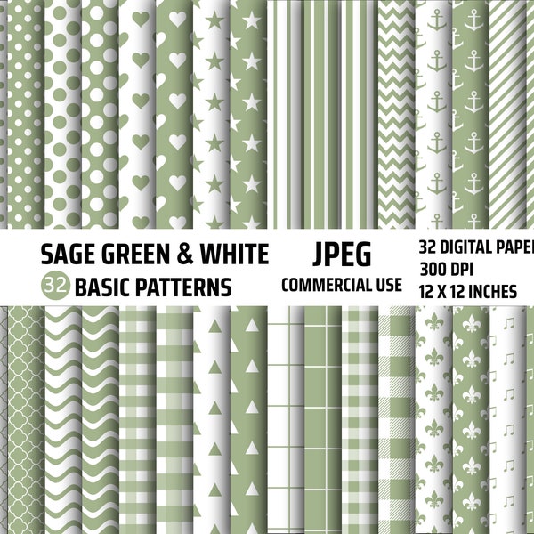 Digital Paper Pattern Pack, Sage Green, Scrapbook Papers Clipart, Polka Dots, Stripes, Plaid Pattern, Commercial Use