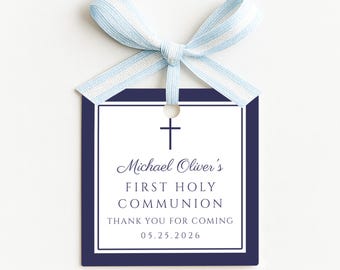 Junge Erstkommunion Favor Tag Vorlage, druckbare dunkelblaue erste heilige Kommunion Geschenkanhänger, Dankeschön Tag Digitaler Download, JetTemplate