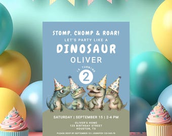 Printable Dinosaur 2nd Birthday Invitation Template: Stomp Chomp Roar