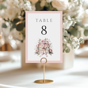 Tarjeta imprimible para número de mesa, plantilla editable para letrero de número de mesa, broche coqueto con lazo y pila de libros, descarga digital, 5x7", Corl BBS101