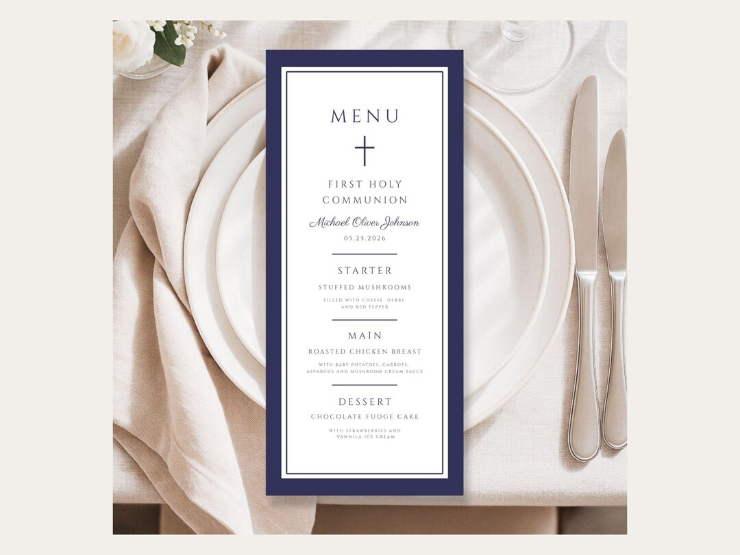 First Holy Communion Menu Card Template 4x9, Navy Blue Cross Menu ...