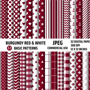 Pacchetto di modelli di carta digitale, rosso bordeaux, carta per scrapbooking, pois, strisce, motivo scozzese, uso commerciale