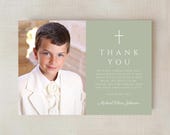 First Communion Thank You Card Template, Printable Boy First Holy Communion Card, Editable Digital Download ,Sage Green, Corjl FC013