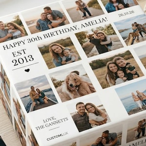 May include: A white gift box featuring a collage of family photographs. The box is printed with the text "HAPPY 30th BIRTHDAY, AMELIA! EST 2013" and "LOVE, THE GANNETTS". Other boxes with similar designs are also visible.