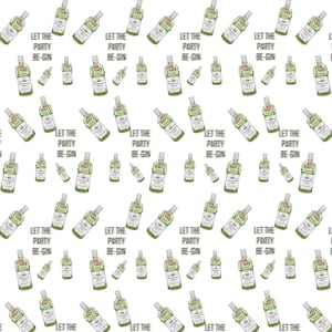 May include: A white background with a repeating pattern of green bottles with the text "Let the party be-gin" on each bottle.