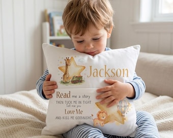 Personalised Safari Story Book Cushion Name | Jungle Nursery Reading Pocket Pillow | New Baby Gift UK | Watercolour Lion Book Holder