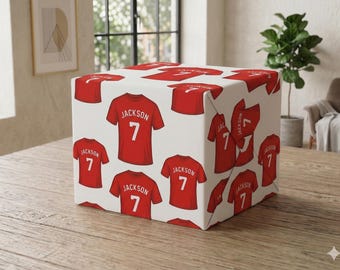 Personalised Football Shirt Wrapping Paper | Custom Name Number Gift Wrap for Boys, Football Fans | Red Soccer Theme Birthday Wrapping Paper