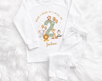 Personalised Safari Birthday Pyjamas Girls Boys, When I Wake Up I Will Be PJs, Custom Jungle Animal Outfit,  Sleepwear Unisex