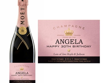 Personalised Moet and Chandon Imperial Rose Gold Bottle Label Happy Birthday Label Name Age