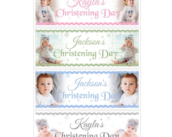 Personalised Christening Baptism Banner Custom Photo Naming Day Sign Any Wording Holy Communion Decor