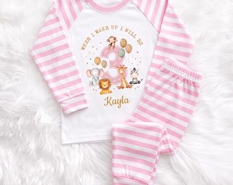 Personalised Safari Birthday Pyjamas Girls , When I Wake Up I Will Be PJs, Custom Jungle Animal Outfit,  Sleepwear