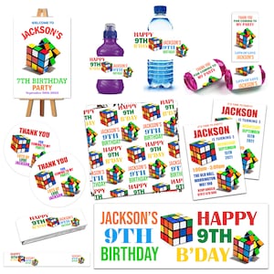 May include: A set of colourful birthday party decorations featuring a Rubik's Cube theme. The decorations include invitations, thank you tags, labels for water bottles and juice boxes, and a banner. The text on the decorations says "Jackson's 9th Birthday" and "Happy 9th B'Day".