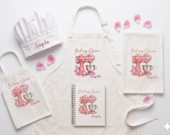 Personalised Family Baking Set, Custom Apron, Chef Hat, Tea Towel & Recipe Book, Personalised Kids Apron, Custom Gift for Bakers