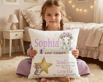 Personalised Storybook Pillow | Custom Name Reading Cushion | Elephant & Mouse Nursery Decor | Kids Bedtime Gift | Book Pocket Pillow