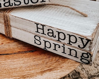 Wooden Spring Book Stack, Tiered Tray Decor, Bookshelf Spring Decor, Wooden Books, Holiday Display, Fake Books, Faux Books, Gift Decor