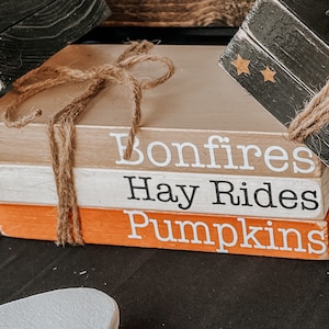 May include: A stack of three wooden blocks tied with twine. The blocks are painted in beige, white, and orange, with the words "Bonfires," "Hay Rides," and "Pumpkins" in white lettering. A black block with gold stars is visible.