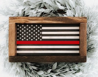 Rustic Wooden Thin Red Line Flag | Firefighter Gift