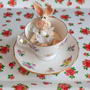 Vintage Chintz Easter Bunny in Tea Cup and Saucer, Royal Vale Bone China, Made in England, Russ Bunny
