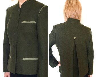 Designer green wool blazer by Otto Bruestle from West Germany, size 38, green wool military jacket