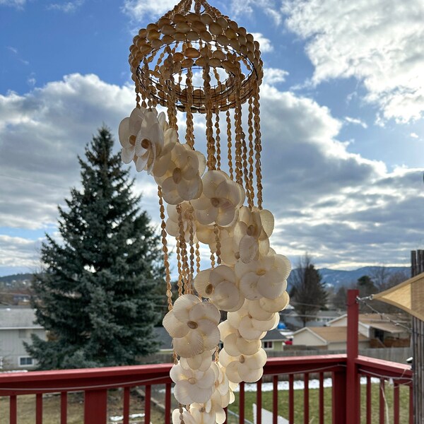 Vintage Shell Flower Chandelier 32"  Made in the Philippines, Indoor Outdoor Boho Decor