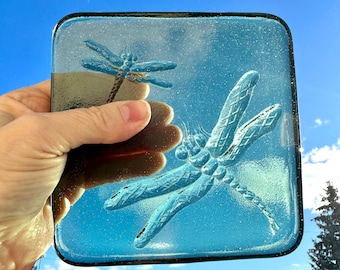 Green Glass Tile with Dragonflies, Recycled Glass Paperweight
