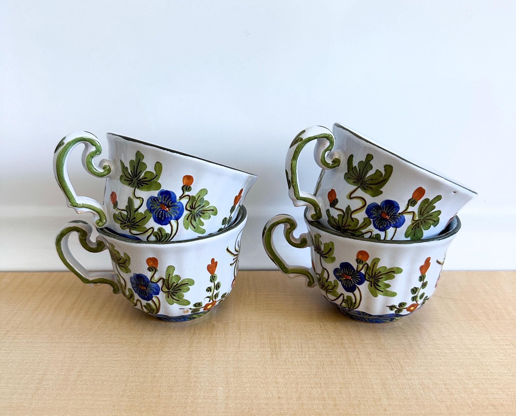 Italian Garofano Faenza Ceramic Cups (4) Blue Carnation, Handmade