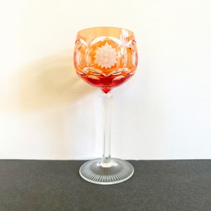 Bohemian Cut to Clear Crystal Wine Glass W/ Zipper Cut Stem Honey Cranberry 7&quot;