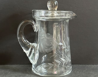 Vintage Etched Glass Pitcher Creamer with Lid, Rose and Vines