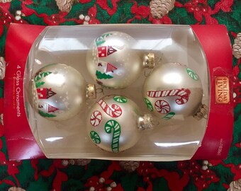 Vintage Christmas tree glass ornaments, candy cane with glitter