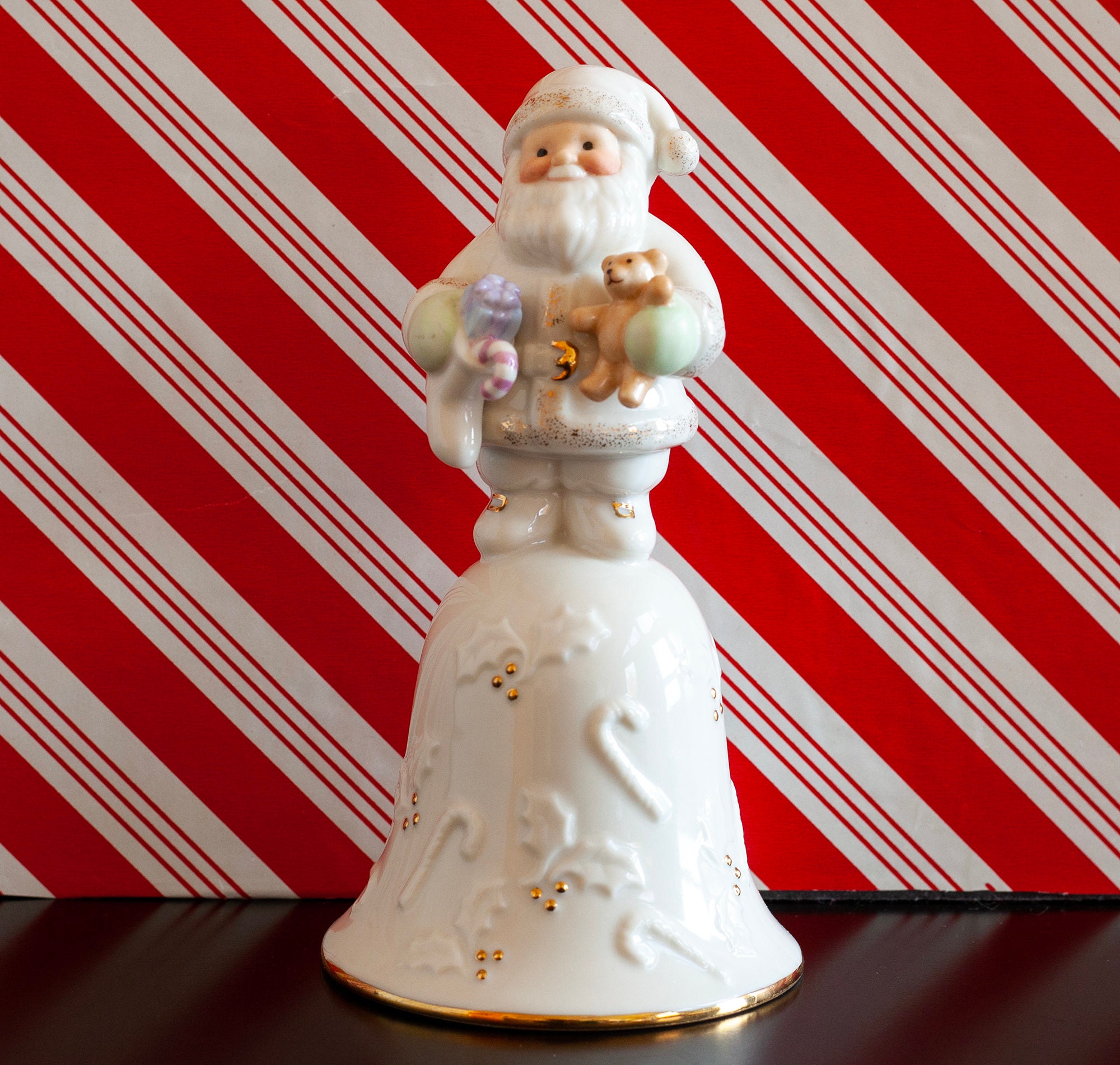 Lenox Christmas Bell, Santa's Joyous Jingle Limited Edition 2001 Teddy Bear, Christmas Candy Cane, Teddy Bear, Presents