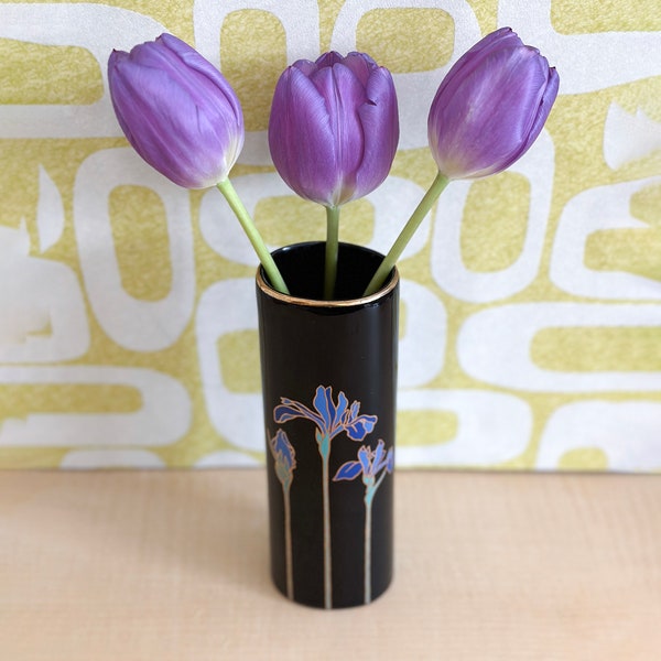 Vintage Japanese Blue Iris Otagiri Black Vase, Made in Japan