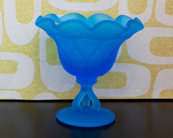 Vintage Westmoreland Blue Doric Satin Compote, Pedestal Candy Dish Handmade