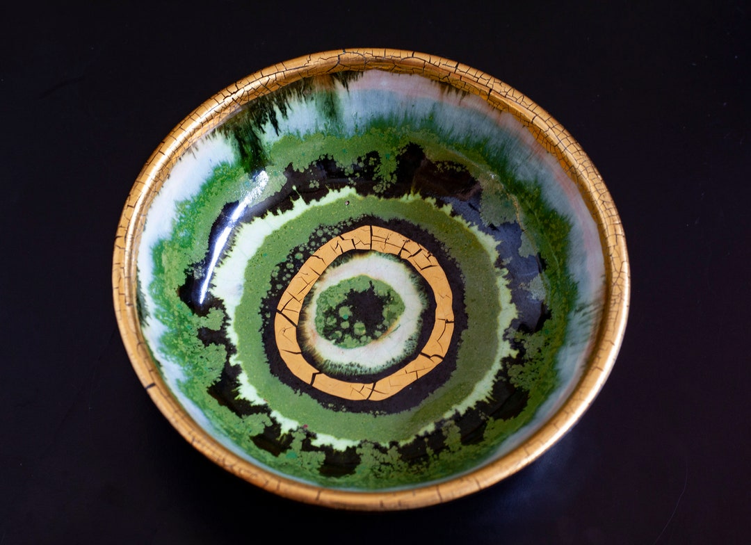 Vintage Black Clay Bowl With Gold and Green Glaze, Art Ceramics Etsy
