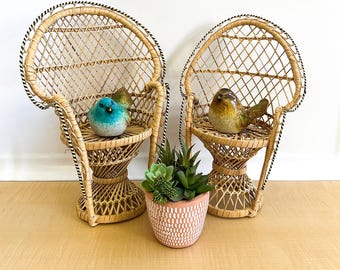 Small Vintage Peacock Chairs, Wicker Plant Stand, Doll Furniture 12"