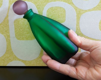 Vintage Satin Finish Green Perfume Bottle, Glass Bottle with Purple Stopper, Vintage Glass